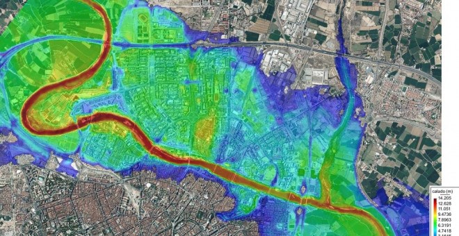 La simulación del geólogo Carlos Revuelto indica que la práctica totalidad de los barrios de la margen izquierda de Zaragoza y amplias zonas de la derecha quedarían inundadas en caso de rotura de la presa de Yesa. Carlos Revuelto