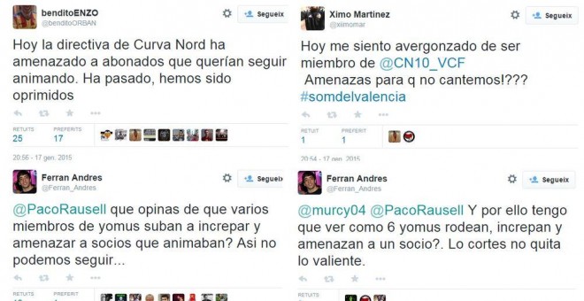 Los seguidores del Valencia publican en twitter las amenazas de los ultras de Yomus.