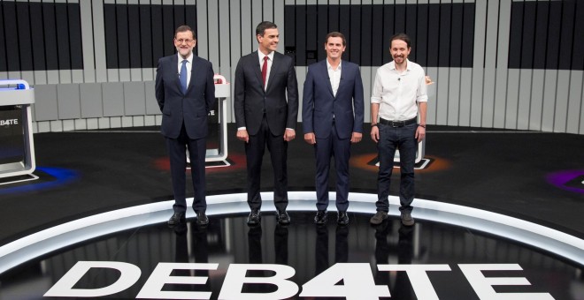 Momento del Debate a cuatro que contó con los candidatos a la presidencia del gobierno Mariano Rajoy, Pablo Iglesias, Pedro Sánchez y Albert Rivera