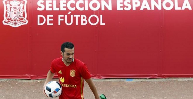 El delantero de la selección española Pedro Rodríguez durante el entrenamiento de ayer. /EFE