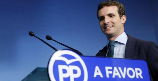 El vicesecretario de Comunicación del PP y diputado por Ávila, Pablo Casado, durante su comparecencia hoy ante los medios de comunicación en la sede del partido en Madrid. EFE/Mariscal