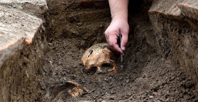 Un arqueólogo desentierra uno de los esqueletos hallados en las inmediaciones de una planta de carbón en Kostolac, Serbia. REUTERS/Djordje Kojadinovic