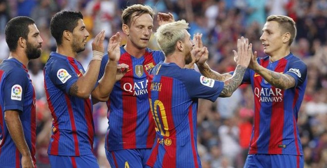 Messi celebra uno de sus goles ante la Sampdoria. EFE/Marta Pérez