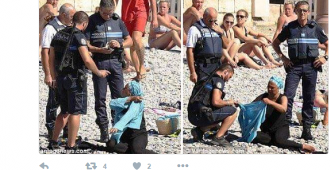 Captura de unos de los tuits que muestras las imágenes de la Policía de Niza en el momento en que sancionan a una mujer por llevar burkini.