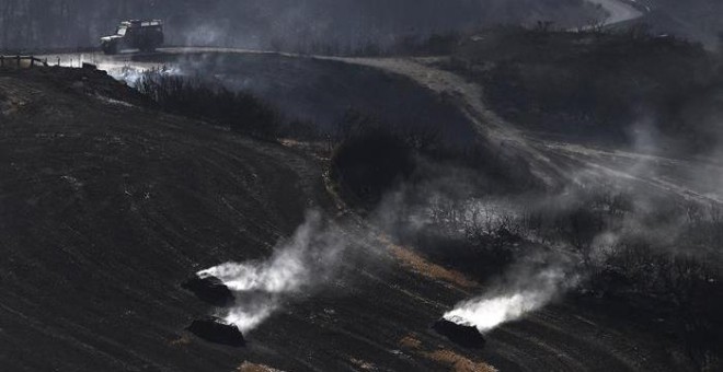 Pacas de paja aún humeantes por el incendio declarado ayer entre las localidades de Tafalla y Pueyo, en Navarra, que se encuentra ya estabilizado después de afectar a cerca de 3.000 hectáreas, el de mayor superficie en la Comunidad foral desde 1989. EFE/J