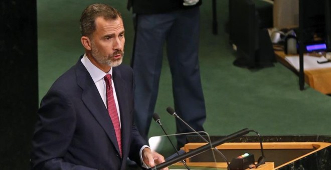 El Rey de España Felipe VI durante su intervención ante el plenario de la 71 edición de la Asamblea General de las Naciones Unidas en Nueva York. EFE/Sergio Barrenechea