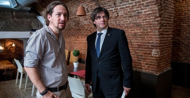 Pablo Iglesias y Carles Puigdemont, este lunes. PODEMOS