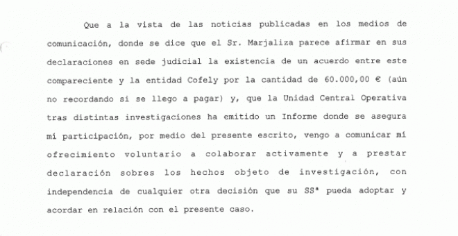 Escrito en el que Bartolomé González pedía declarar tras ser señalado por Marjaliza.