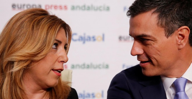 Susana y Pedro en un desayuno informativo días antes de las elecciones del 26-J. / REUTERS