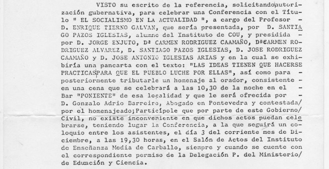 Permiso del Gobierno Civil de A Coruña para la celebración de la conferencia a cargo de Tierno Galván en 1976.