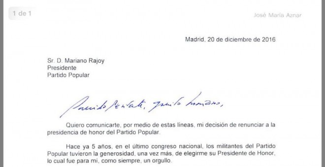 Carta de renuncia de José María Aznar a la presidencia de honor del Partido Popular