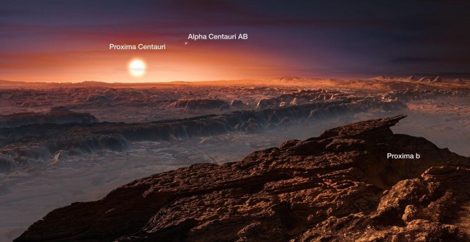 llustración del planeta (Proxima b) que orbita Próxima Centauri, la estrella más cercana. /ESO