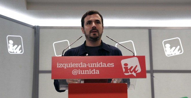 El coordinador federal de Izquierda Unida, Alberto Garzón, durante la rueda de prensa que ha ofrecido en la sede de la formación. EFE/Ana Márquez