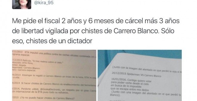 El auto recibido señala que “este usuario con perfil de Twitter contiene graves mensajes de enaltecimiento al terrorismo' y acusa a la joven de un “delito de humillación a las víctimas del terrorismo.