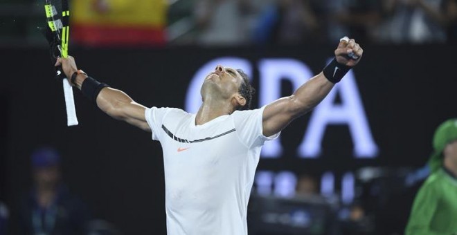 El tenista español Rafael Nadal celebra su victoria ante el chipriota Marcos Baghdatis. /EFE