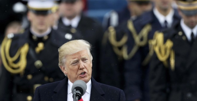 Donald Trump durante su primer discurso tras jurar su cargo de presidente de EEUU. REUTERS/Carlos Barria