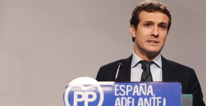 El vicesecretario de Comunicación del Partido Popular, Pablo Casado, durante la rueda de prensa que ofreció en la sede del partido en Génova tras la reunión del Comite de Dirección del Partido Popular. EFE/Javier Tormo