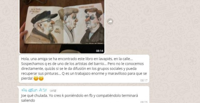 Conversación del grupo de Whatsapp de la Red de Solidaridad Popular para buscar al ilustrador.