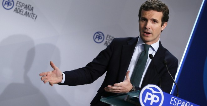 El vicesecretario de Comunicación del Partido Popular, Pablo Casado, durante la rueda de prensa que ofreció en la sede de Génova tras la reunión del Comite de Dirección del Partido Popular. EFE/MARISCAL