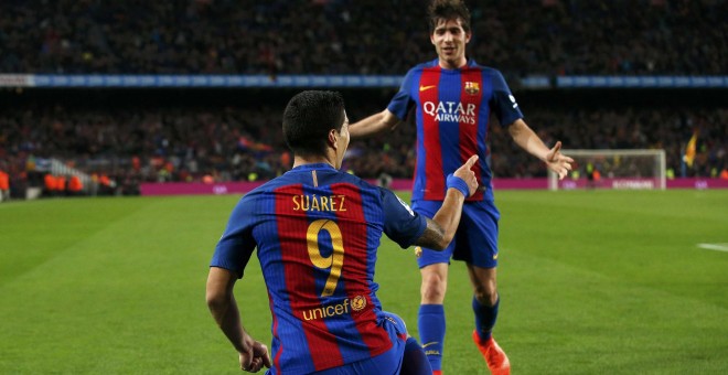 Luis Suárez celebra el gol anotado ante el Atlético de Madrid. - REUTERS