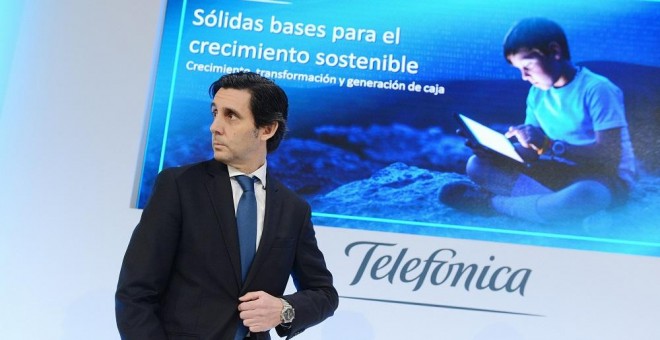 El presidente de Telefónica, José María Álvarez-Pallete, durante la rueda de prensa que ha ofrecido con motivo de la presentación de los resultados anuales de la compañía. EFE/Fernando Villar