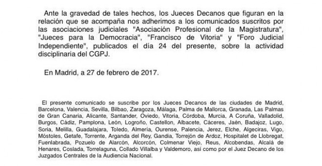 Comunicado de los jueces decanos con motivo de la investigación secreta abierta al juez Ruiz de Lara por el CGPJ.