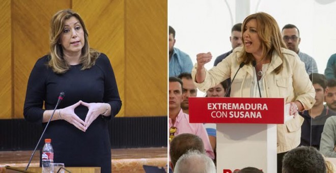 En la primera imagen, Susana Díaz en su intervención en el Parlamento andaluz y en la otra, en un mitin en Extremadura / EFE