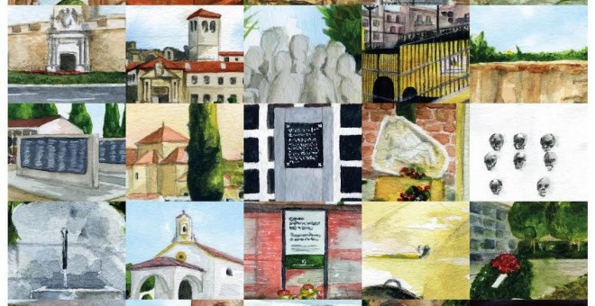 Collage de diferentes lugares de la Memoria de Andalucía-- Una acuarela de CANDELARIO G.FLORES