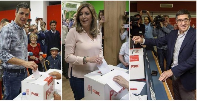 Los candidatos a la Secretaría General del PSOE en el momento de votar: Pedro Sánchez, Susana Díaz y Patxi López / EFE