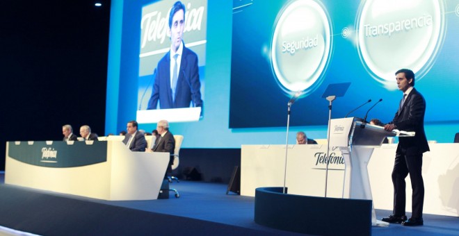 El presidente de Telefónica, José María Álvarez-Pallete, durante su intervención ante la junta de accionistas de la multinacional celebrada en Ifema en Madrid. EFE/César Cabrera