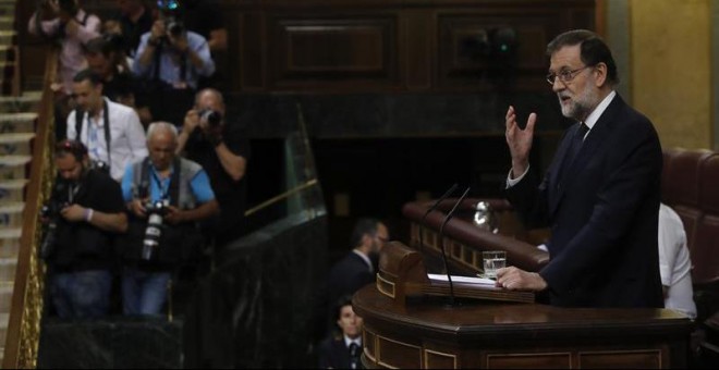 Rajoy, durante el debate de la moción de censura en el Congreso. EFE/Juan Carlos Hidalgo