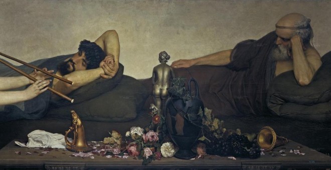 Plácida cabezada entre hombres patrocinada por afrodita en 'La siesta' de Lawrence Alma-Tadema