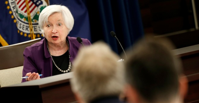 La presidenta de la Reserva Federal, Janet Yellen, en una rueda de prensa en la sede del banco central estadounidense en Washington. REUTERS/Joshua Roberts