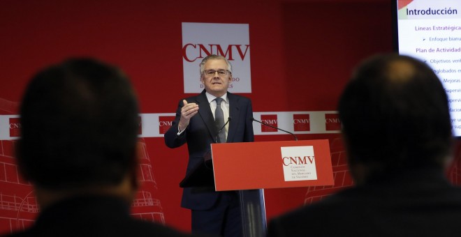 El presidente de la CNMV, Sebastián Albella, en la presentación del plan de actividades del regulador de la bolsa española. EFE