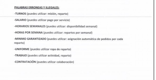 Pantallazo de la Guía para los formadores de Deliveroo donde se muestra una serie de palabras prohibidas.