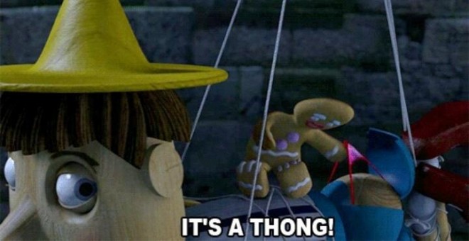 Fotograma de la película Shrek, donde puede verse el tanga de Pinocho.