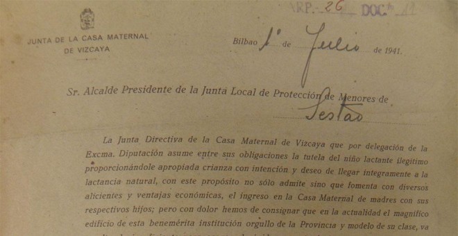 Documento de la Junta Maternal de Vizcaya durante el franquismo. / D.A.