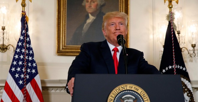 Donald Trump, presidente de Estados Unidos en la comparecencia de este lunes. / REUTERS