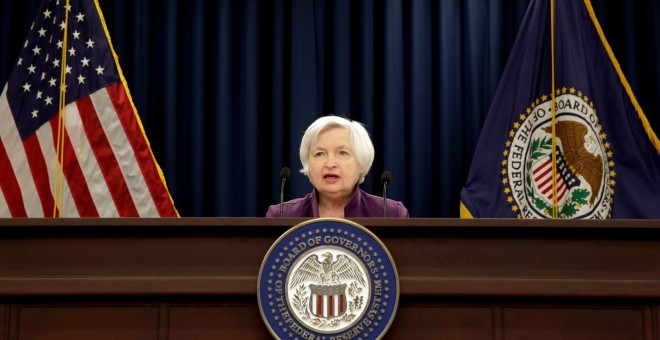 La presidenta de la Reserva Federal (Fed), Janet Yellen, en una rueda de prensa. REUTERS/Joshua Roberts
