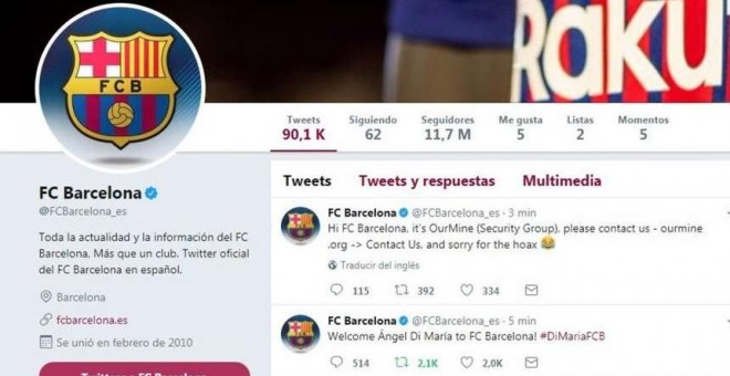 La cuenta de Twitter del FC Barcelona, durante el 'hackeo'.