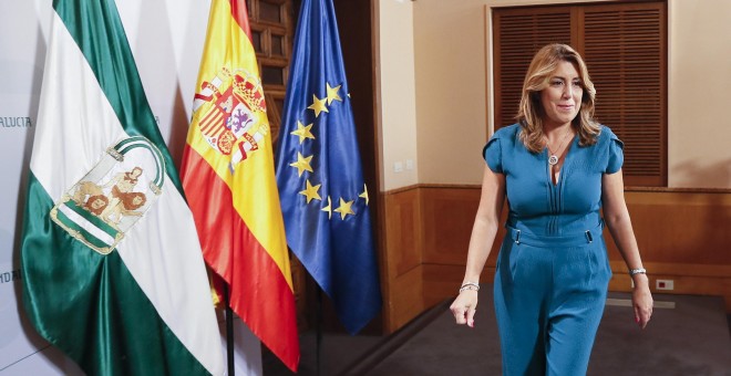 La presidenta de la Junta de Andalucía, Susana Díaz , momentos después de presidir la primera reunión del Consejo de Gobierno andaluz tras las vacaciones de verano. EFE/José Manuel Vidal