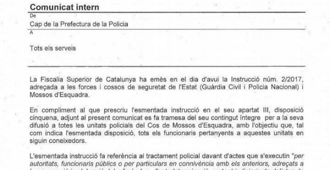 comunicado de Josep Luis Trapero, mayor de los Mossos d'Esquadra, para iniciar la orden de instrucción de la Fiscalía de Catalunya. / Europa Press