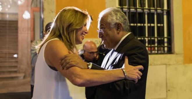 La presidenta de Andalucía, Susana Díaz, saluda al primer ministro de Portugal, Antonio Costa.