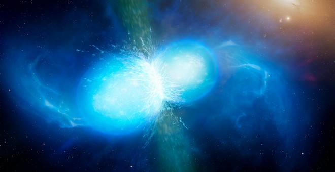 Ilustración de la violenta colisión y fusión de dos estrellas de neutrones./UNIVERSITY OF WARWICK/MARK GARLICK