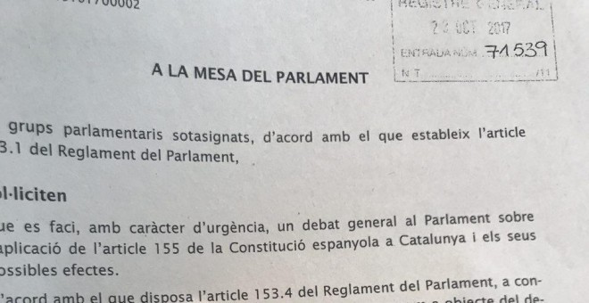 Escrito presentado por Junts pel Sí para el pleno del jueves