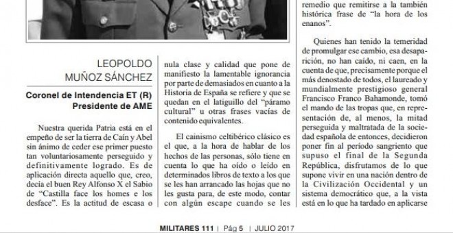 Carta del presidente de la AME y director de la revista 'Militares' en la que ensalza al 'laureado y mundialmente prestigioso general Francisco Franco Bahamonde' y justifica el golpe de Estado del 18 de julio. Fue publicada en el último número de la revis