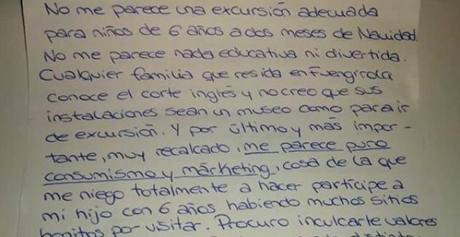 Carta de una madre al colegio de su hijo de seis años adjunta a la solicitud de autorización para visitar El Corte Inglés 'a dos meses de Navidad'.