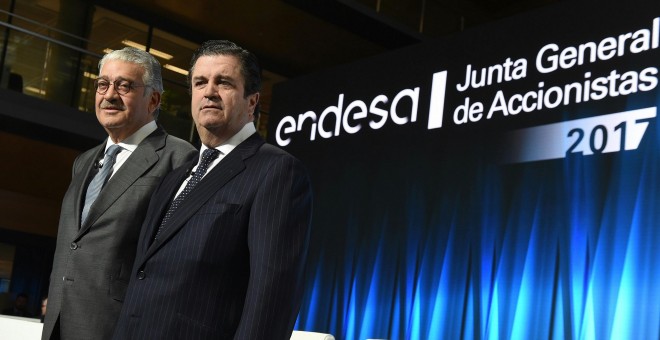 El consejero delegado de Endesa, José Bogas, y el presidente, Borja Prado, en la última junta de accionistas de la eléctrica. E.P.