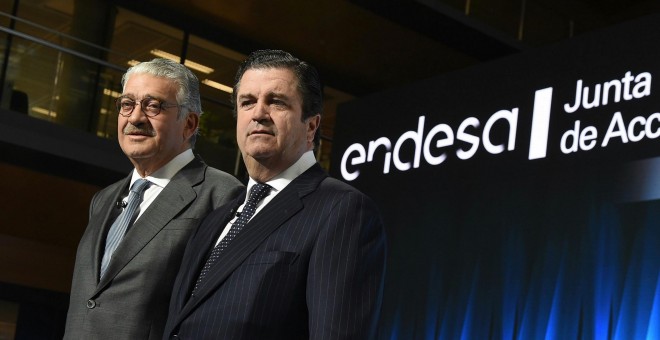 El consejero delegado de Endesa, José Bogas, y el presidente, Borja Prado, en la última junta de accionistas de la eléctrica. E.P.
