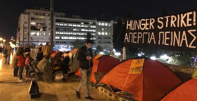 Vaga de fam a la plaça Sintagma d'Atenes per la llibertat de moviments dels refugiats. City Plaza